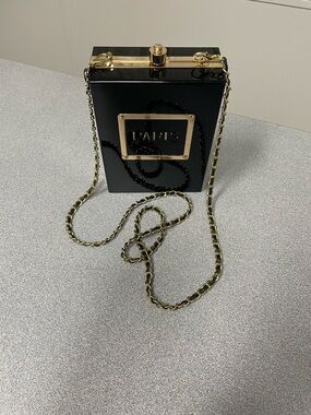 Acrylic Paris Perfume bag clutch evening bag with strap fun black and gold